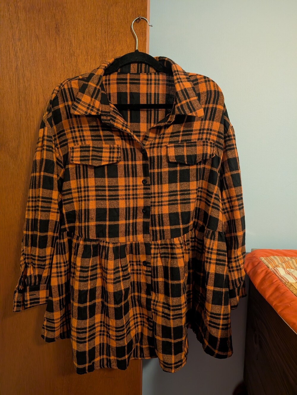 SHEIN Orange and Black Plaid Button Front Shacket Babydoll Waist Women's Size 1X